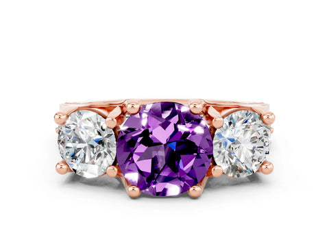 Rose gold Round Cut Amethyst Three-Stone Ring with Channel Set Band and Four-Prong Setting