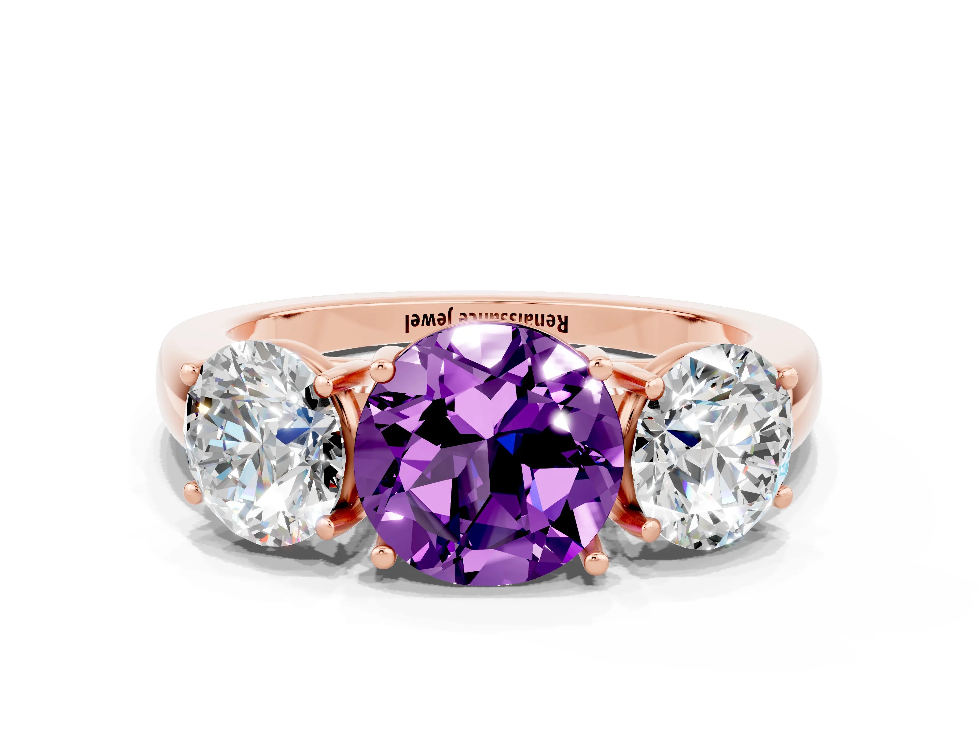 Rose gold Round Cut Amethyst Three-Stone Ring with Four-Prong Setting and Classic Band