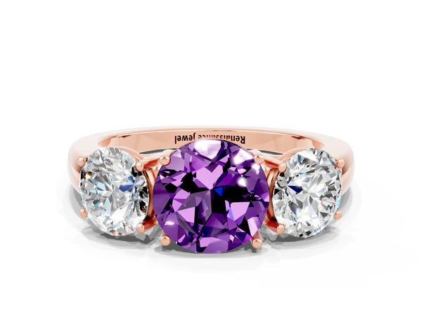 Rose gold Round Cut Amethyst Three-Stone Ring with Four-Prong Setting and Classic Band