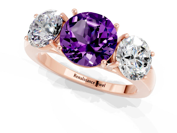 Rose gold Round Cut Amethyst Three-Stone Ring with Four-Prong Setting and Classic Band