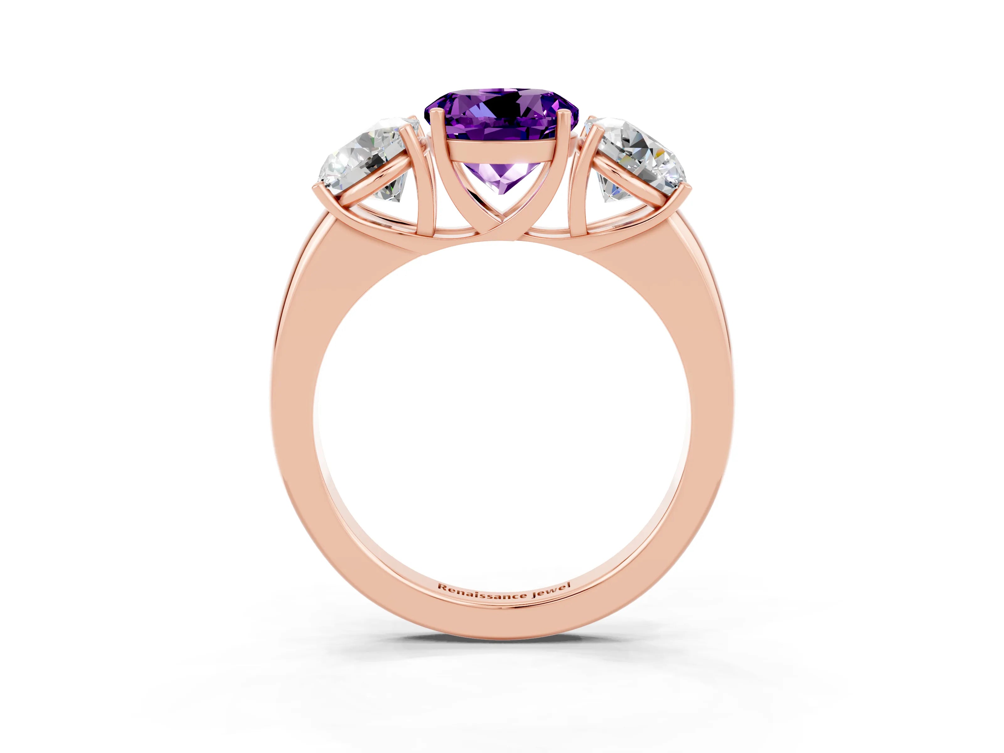 Rose gold Round Cut Amethyst Three-Stone Ring with Four-Prong Setting and Classic Band_3
