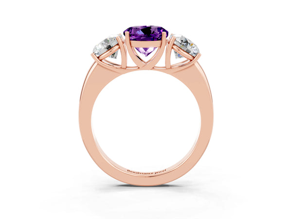 Rose gold Round Cut Amethyst Three-Stone Ring with Four-Prong Setting and Classic Band