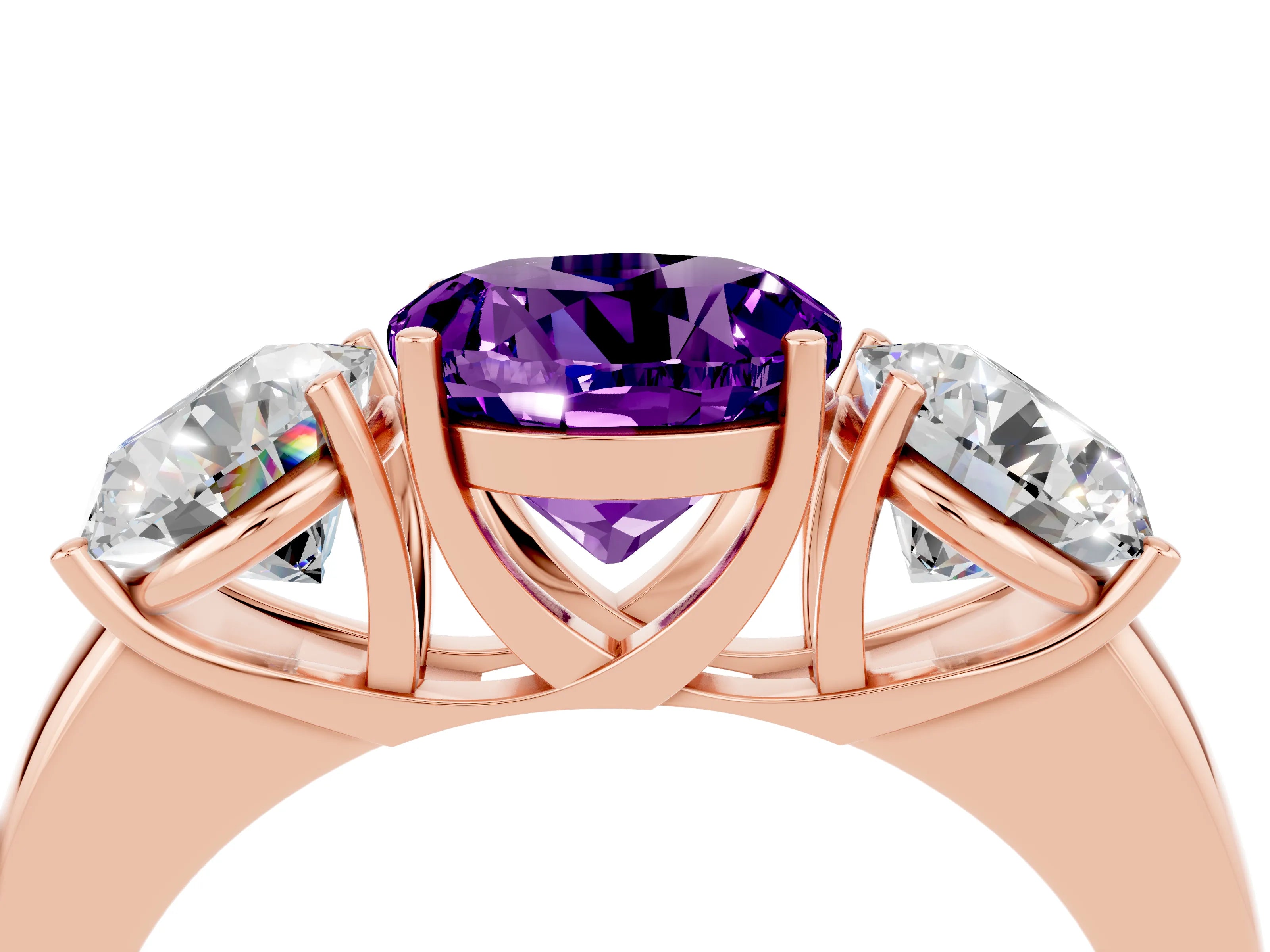 Rose gold Round Cut Amethyst Three-Stone Ring with Four-Prong Setting and Classic Band_4