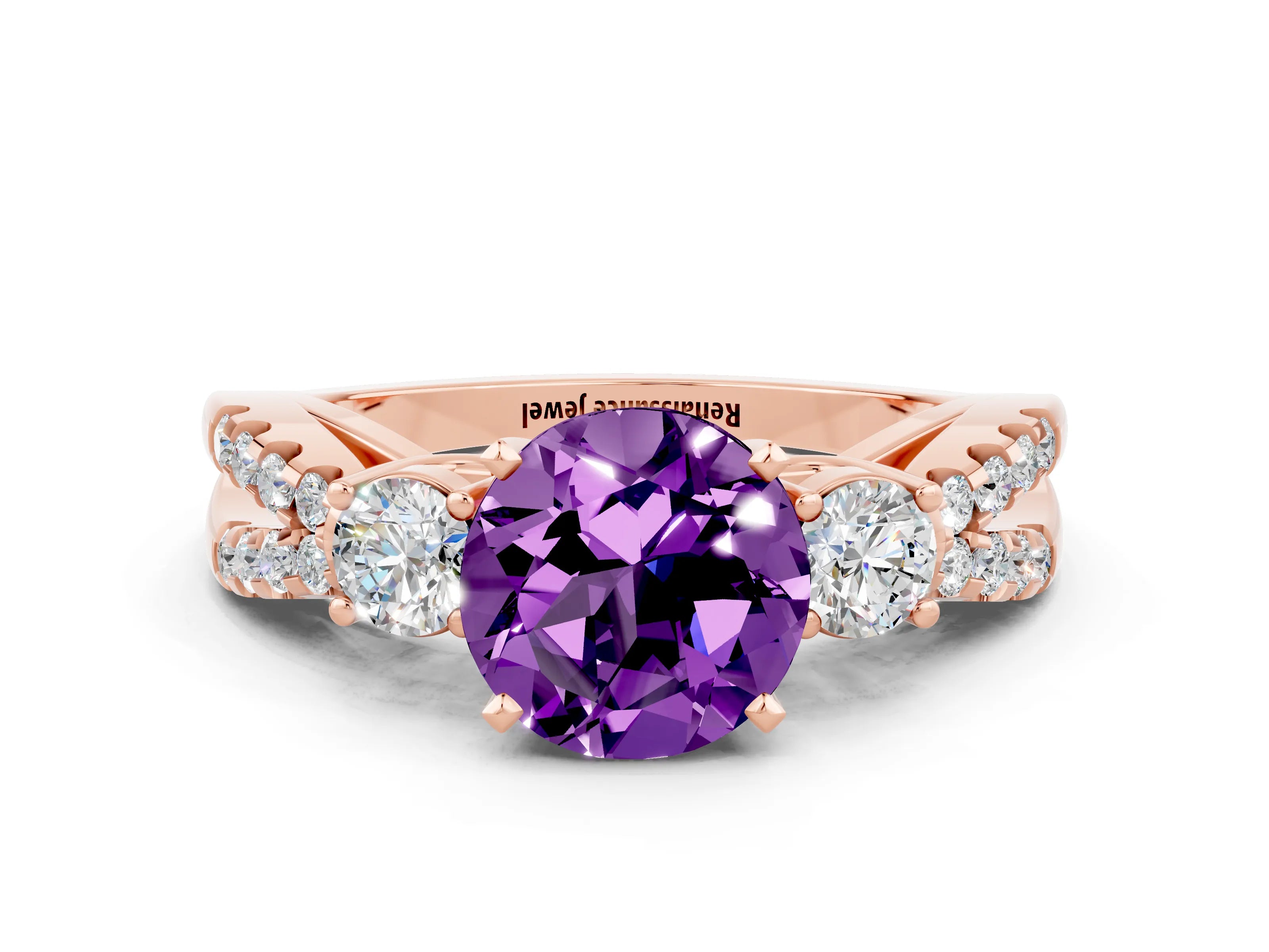 Rose gold Round Cut Amethyst Three-Stone Ring with Pavé Split Shank and Four-Prong Setting