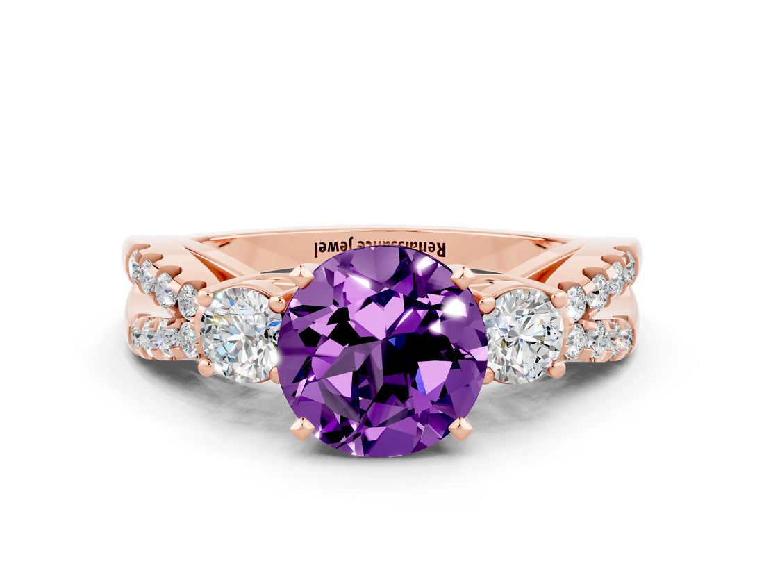 Rose gold Round Cut Amethyst Three-Stone Ring with Pavé Split Shank and Four-Prong Setting