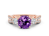 Rose gold Round Cut Amethyst Three-Stone Ring with Pavé Split Shank and Four-Prong Setting