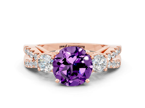 Rose gold Round Cut Amethyst Three-Stone Ring with Pavé Split Shank and Four-Prong Setting
