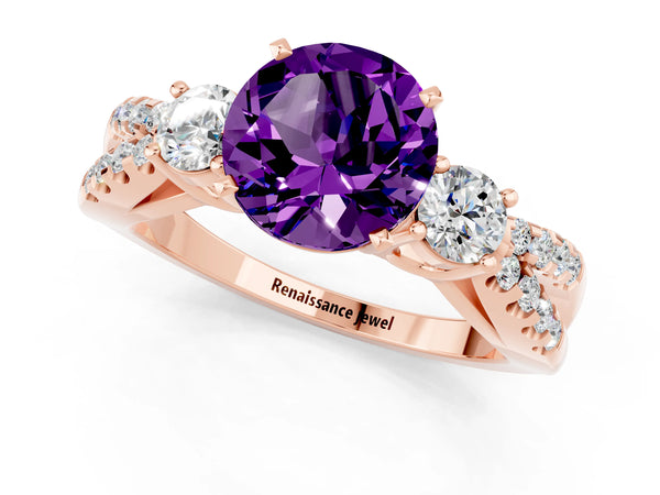 Rose gold Round Cut Amethyst Three-Stone Ring with Pavé Split Shank and Four-Prong Setting