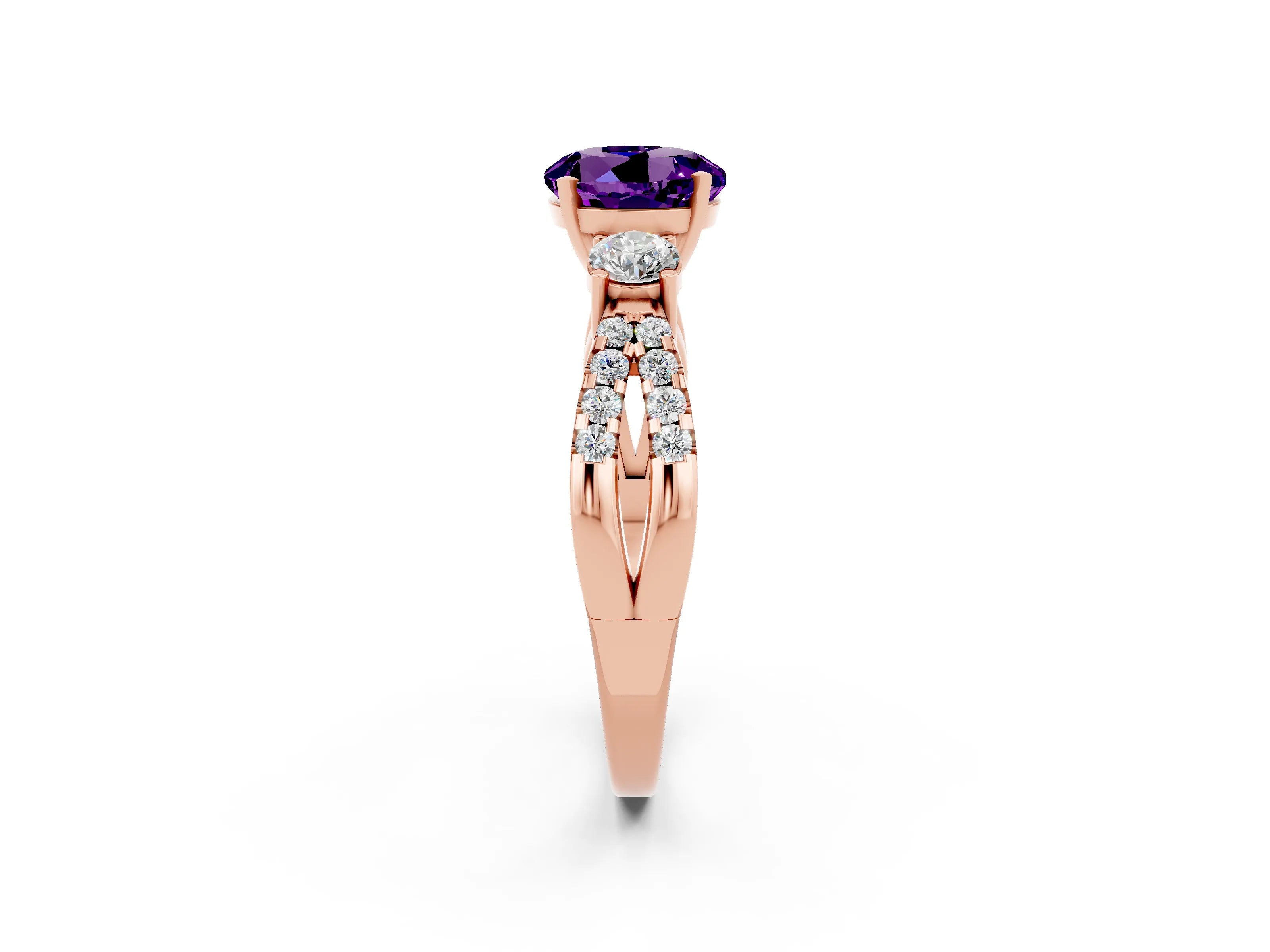 Rose gold Round Cut Amethyst Three-Stone Ring with Pavé Split Shank and Four-Prong Setting_2