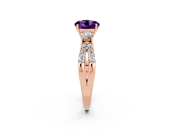 Rose gold Round Cut Amethyst Three-Stone Ring with Pavé Split Shank and Four-Prong Setting