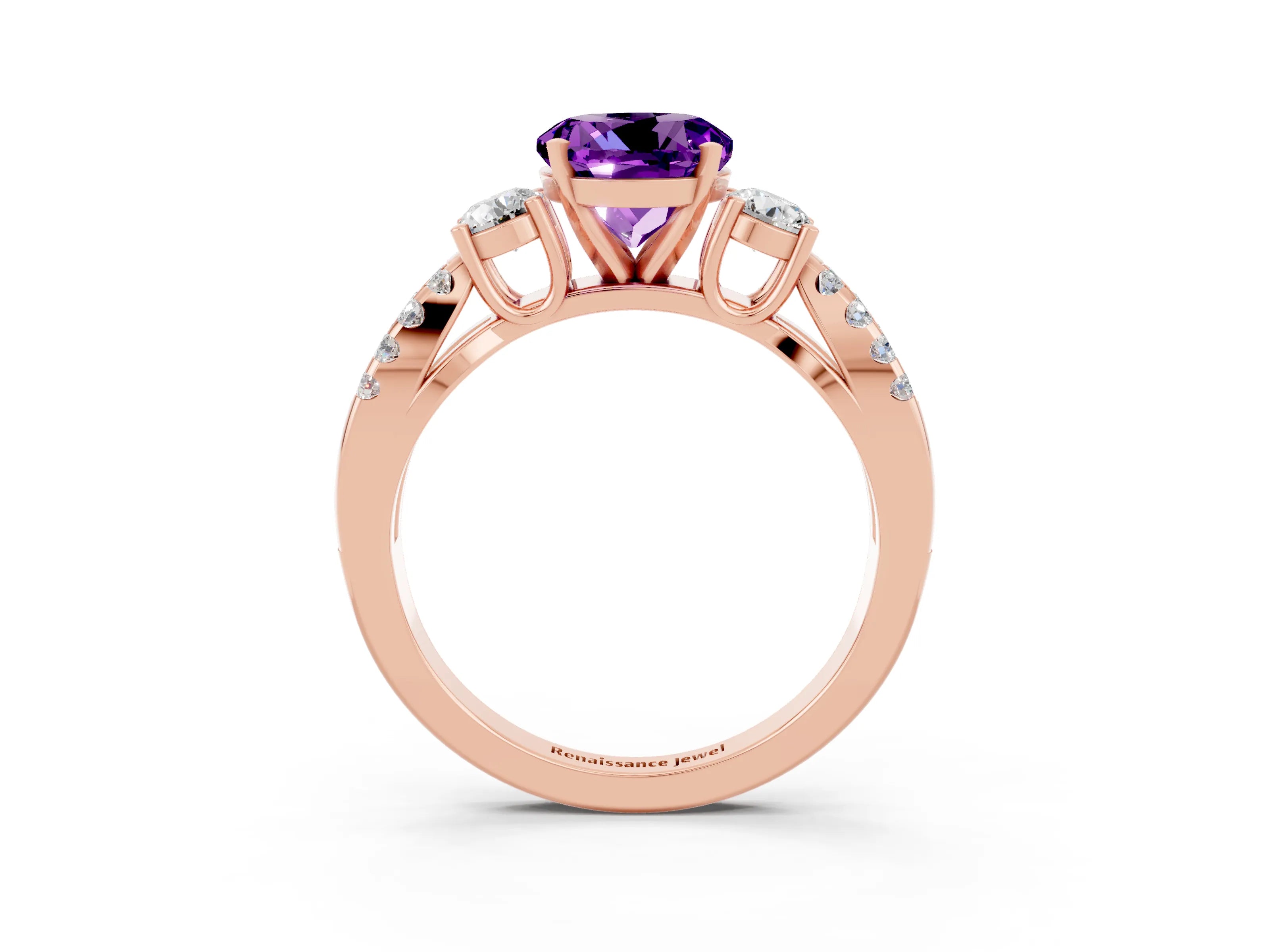 Rose gold Round Cut Amethyst Three-Stone Ring with Pavé Split Shank and Four-Prong Setting_3