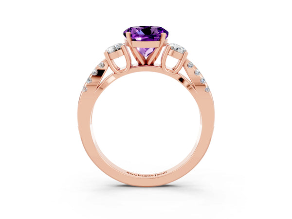 Rose gold Round Cut Amethyst Three-Stone Ring with Pavé Split Shank and Four-Prong Setting