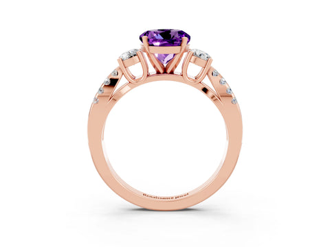 Rose gold Round Cut Amethyst Three-Stone Ring with Pavé Split Shank and Four-Prong Setting_3