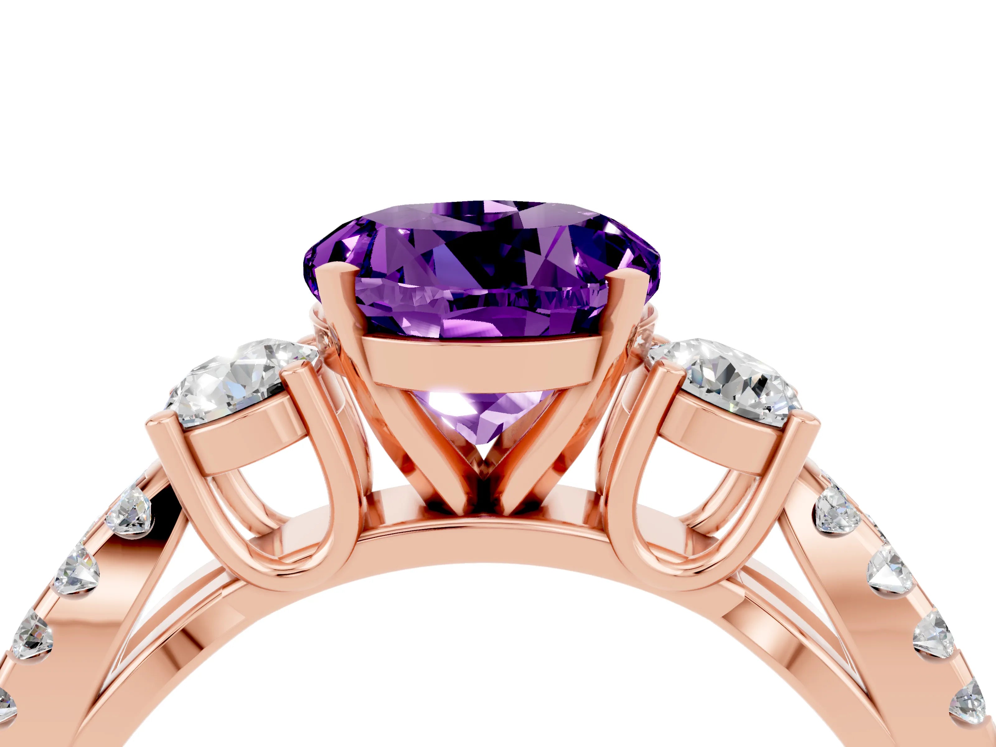 Rose gold Round Cut Amethyst Three-Stone Ring with Pavé Split Shank and Four-Prong Setting_4