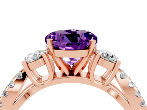 Rose gold Round Cut Amethyst Three-Stone Ring with Pavé Split Shank and Four-Prong Setting_4