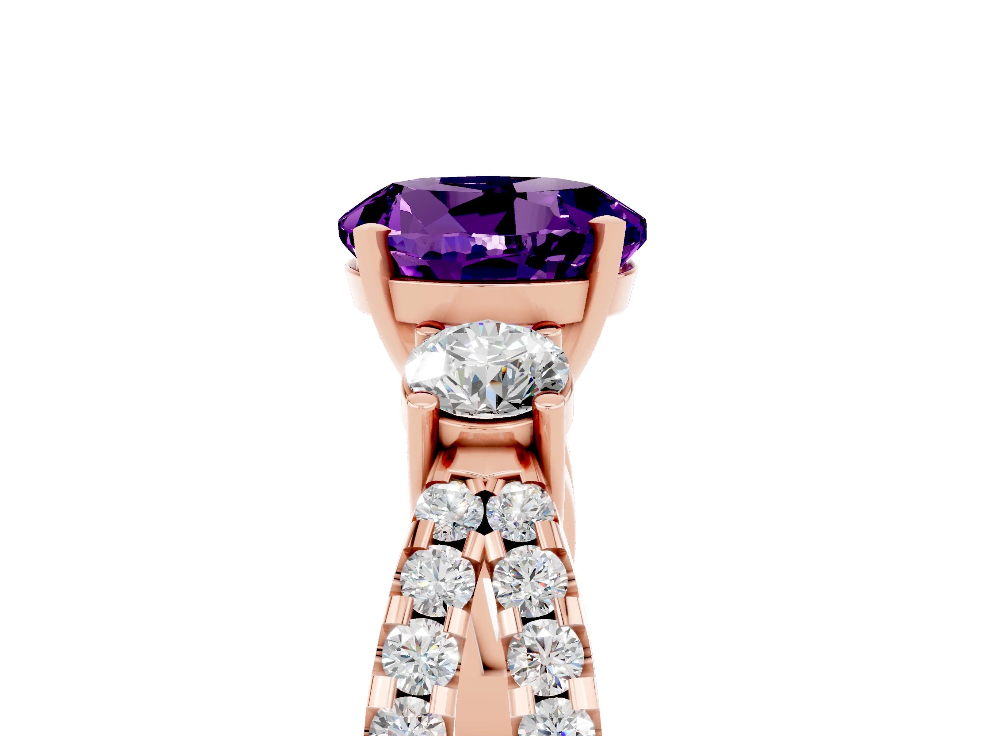Rose gold Round Cut Amethyst Three-Stone Ring with Pavé Split Shank and Four-Prong Setting_5
