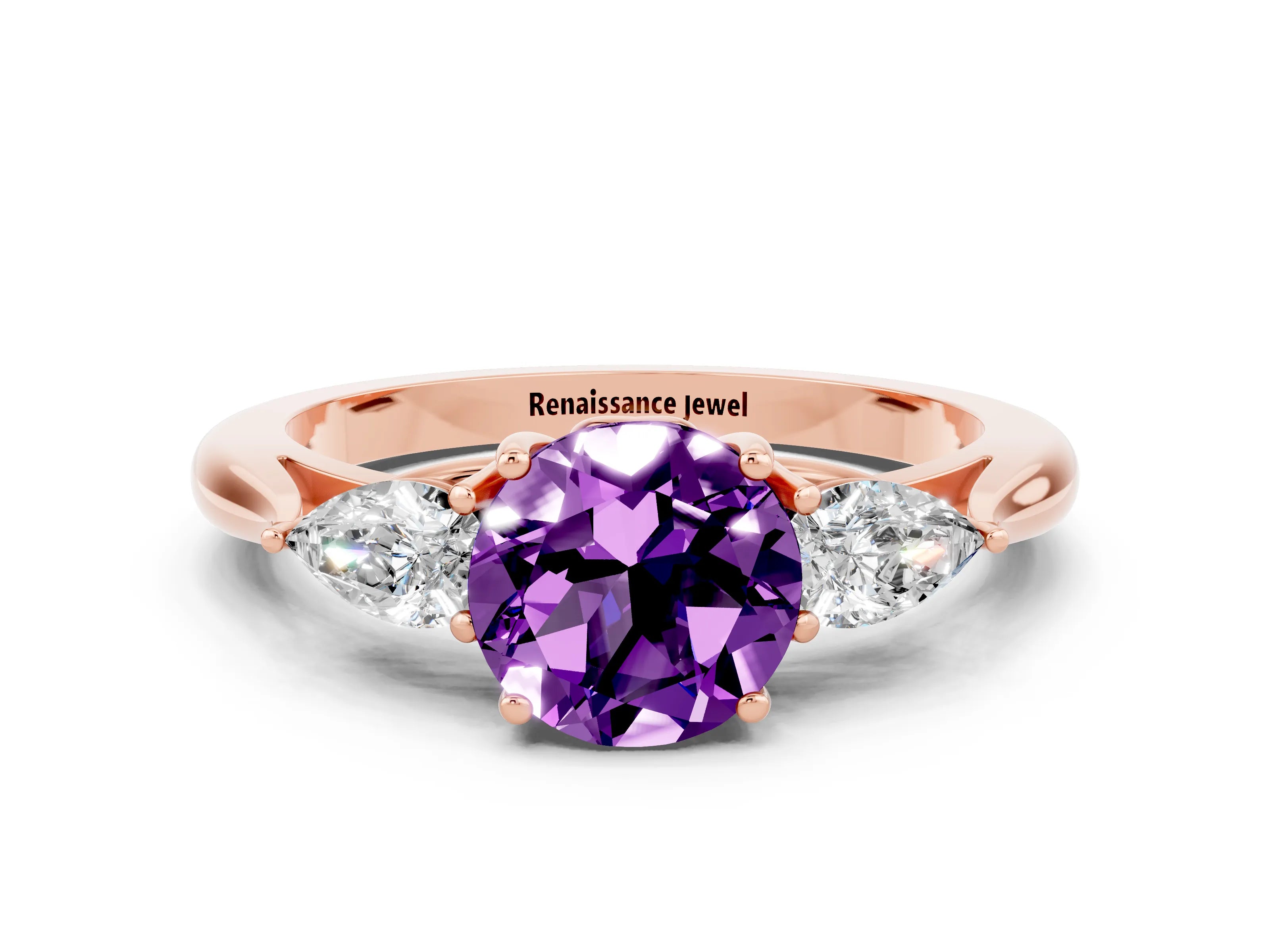 Rose gold Round Cut Amethyst Three-Stone Ring with Pear Side Stones and Four-Prong Setting_12