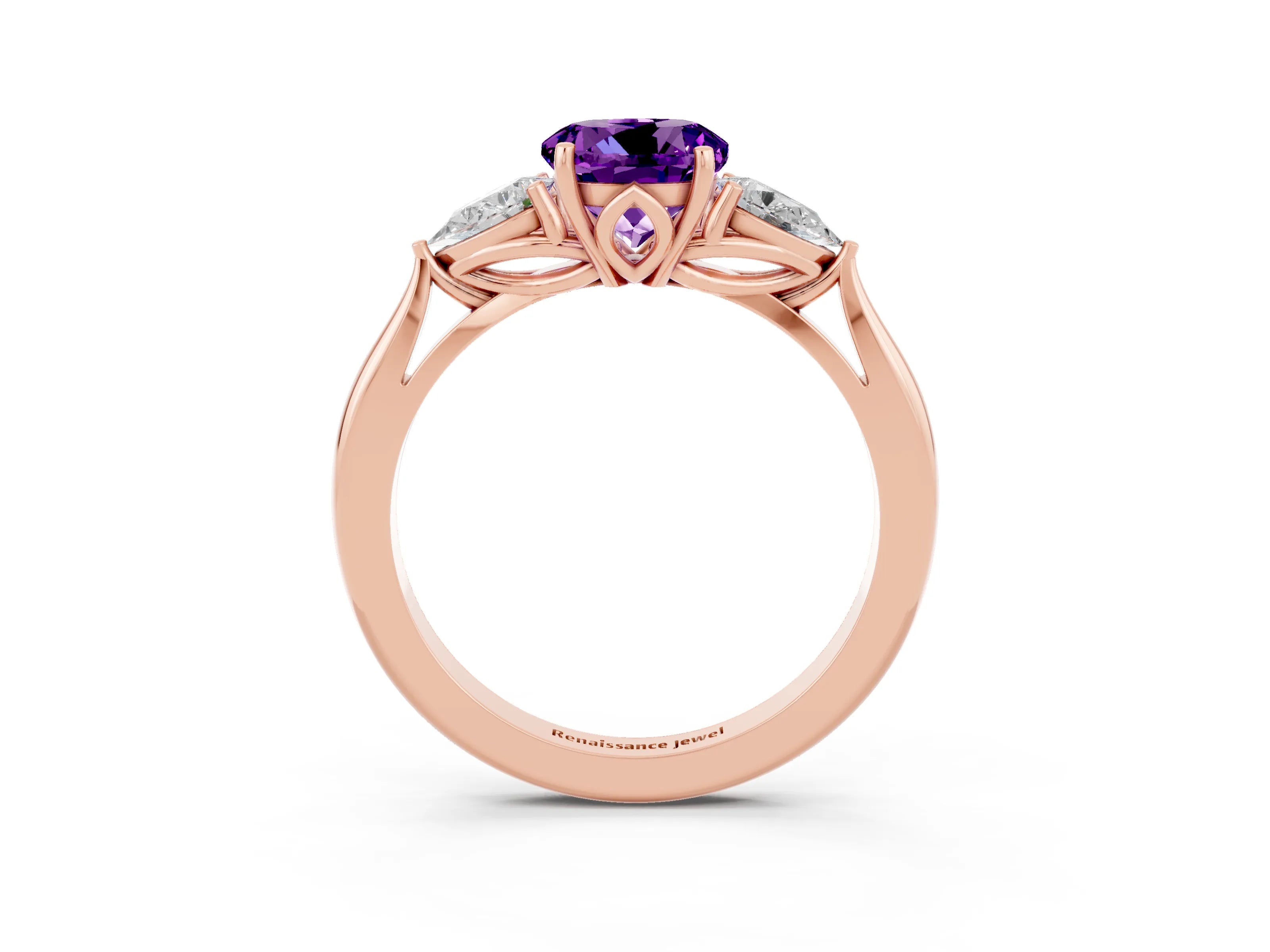 Rose gold Round Cut Amethyst Three-Stone Ring with Pear Side Stones and Four-Prong Setting_15