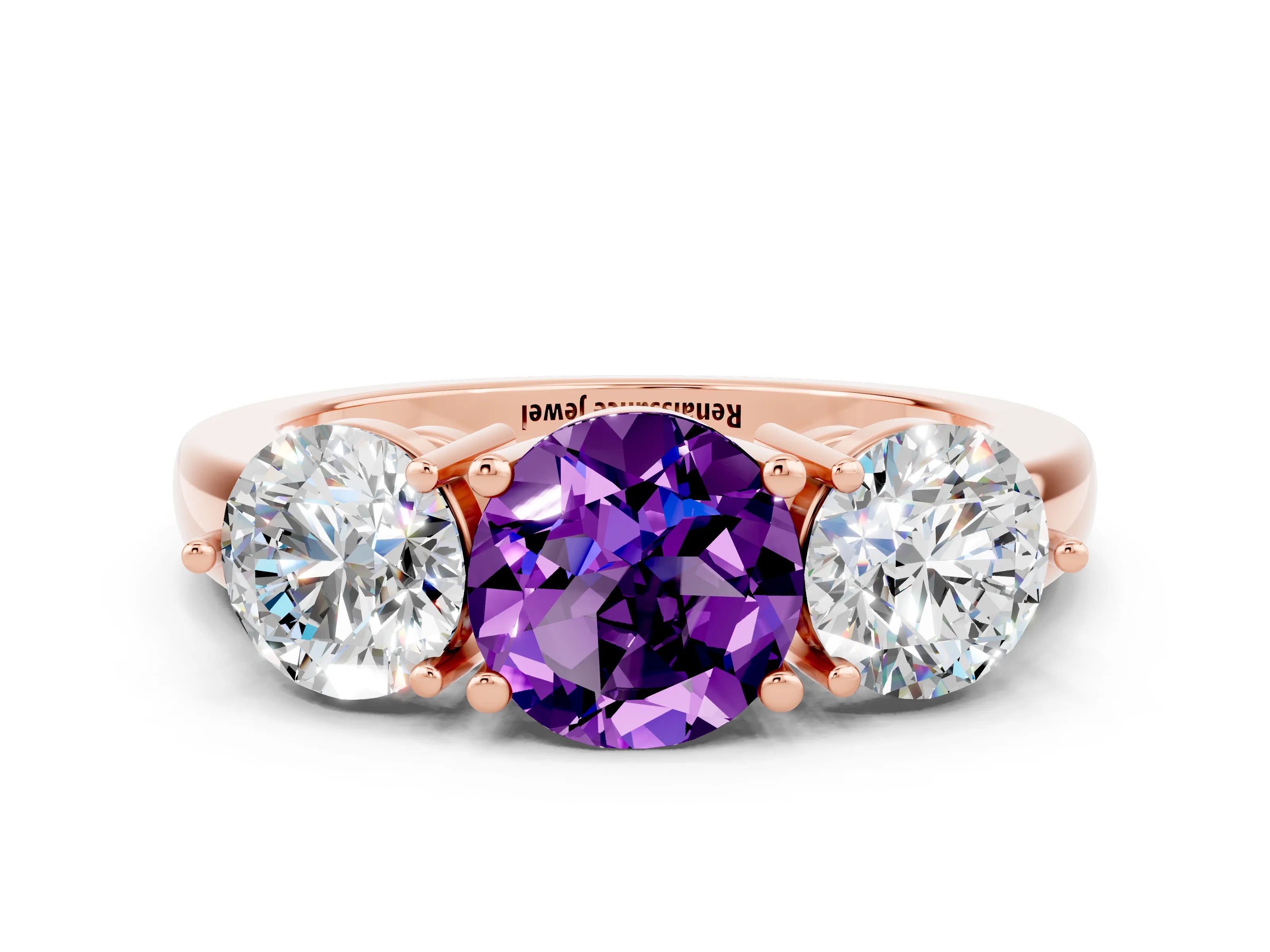 Rose gold Round Cut Amethyst Three-Stone Ring with Prong Setting and Classic Band