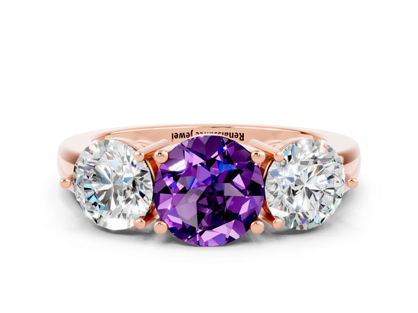 Rose gold Round Cut Amethyst Three-Stone Ring with Prong Setting and Classic Band