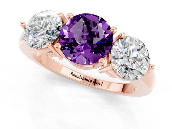 Rose gold Round Cut Amethyst Three-Stone Ring with Prong Setting and Classic Band