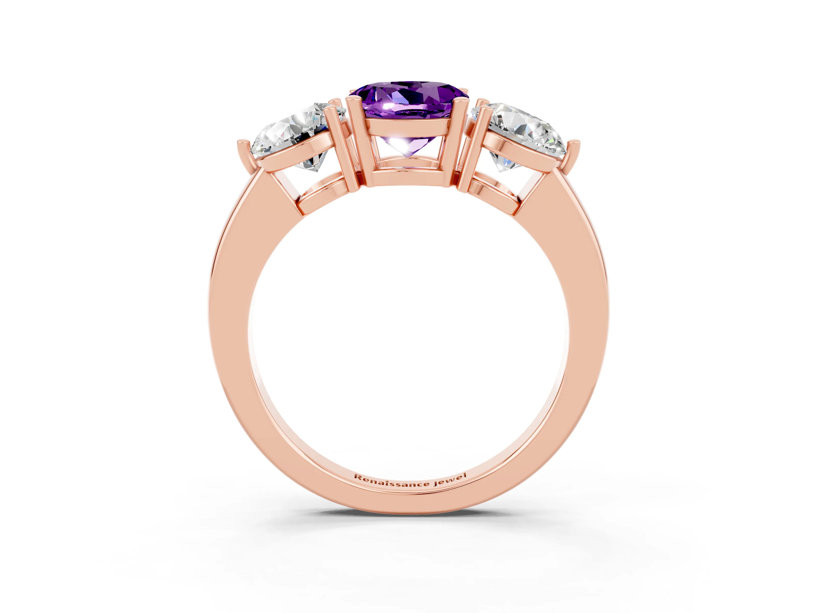 Rose gold Round Cut Amethyst Three-Stone Ring with Prong Setting and Classic Band_3