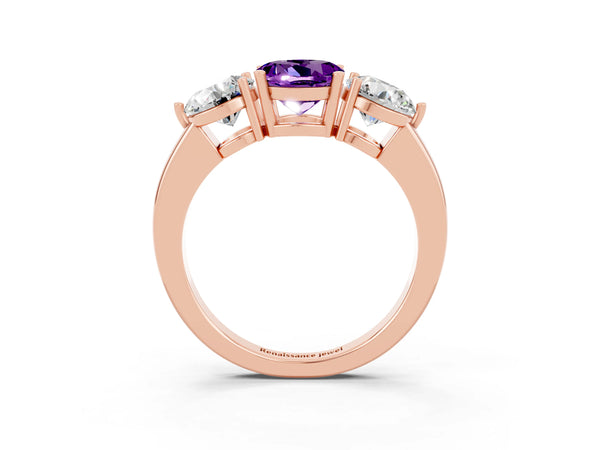 Rose gold Round Cut Amethyst Three-Stone Ring with Prong Setting and Classic Band