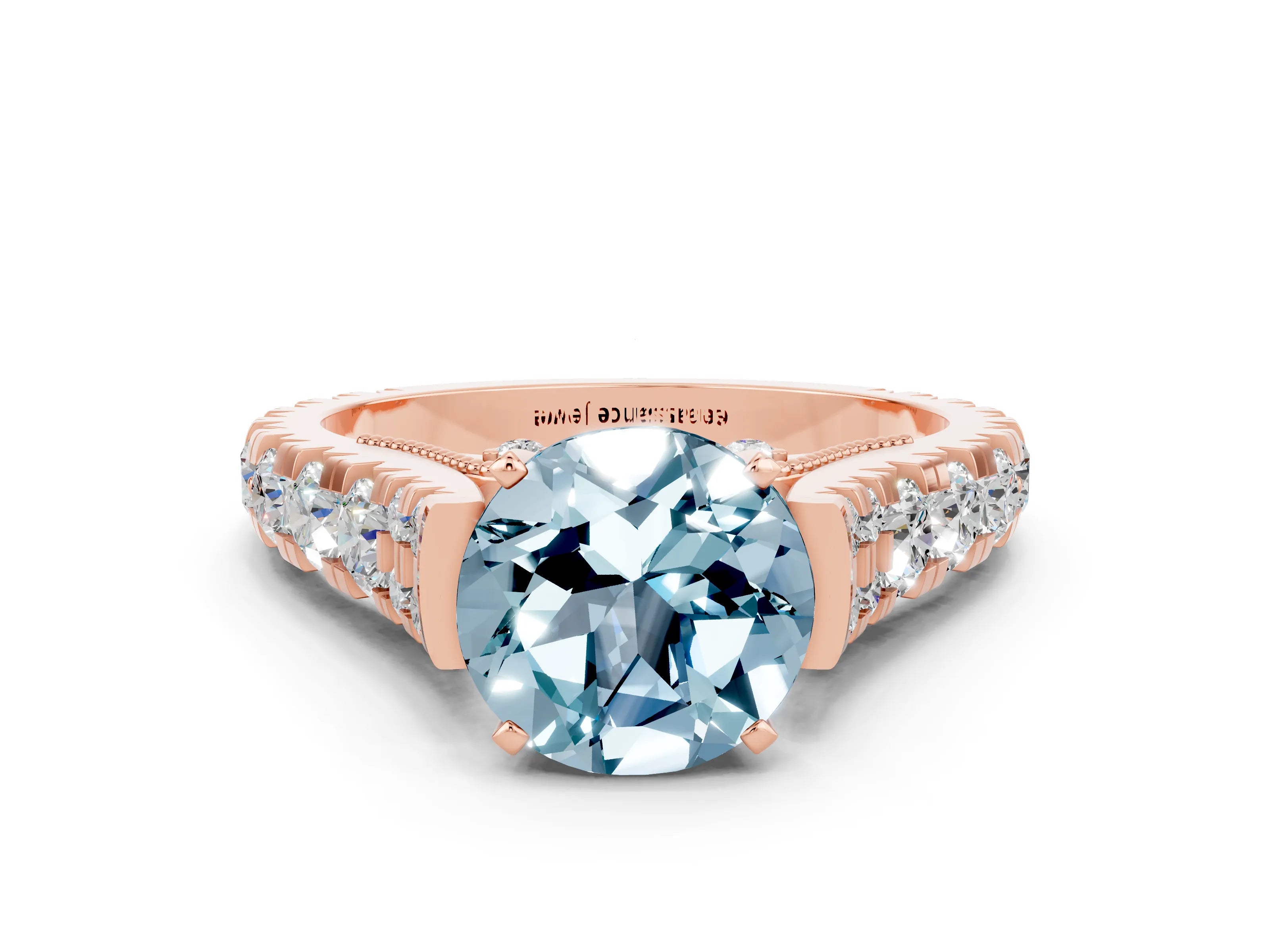 Rose gold Round Cut Aquamarine Classic Solitaire Ring with Pavé Band and Four-Prong Setting_10