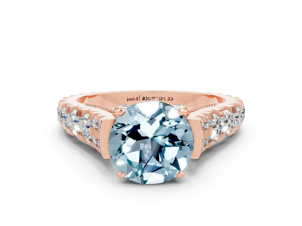 Rose gold Round Cut Aquamarine Classic Solitaire Ring with Pavé Band and Four-Prong Setting