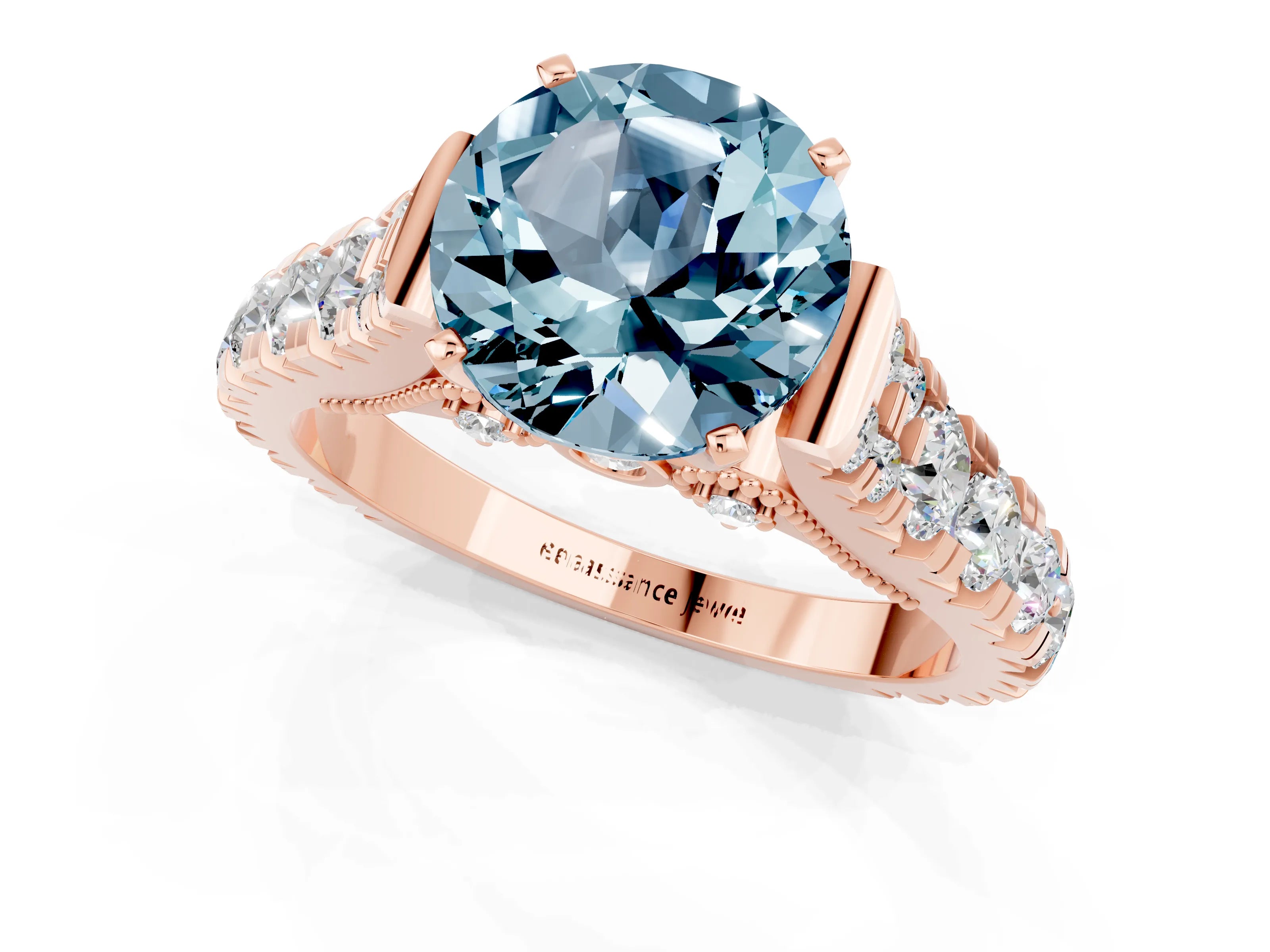 Rose gold Round Cut Aquamarine Classic Solitaire Ring with Pavé Band and Four-Prong Setting_11