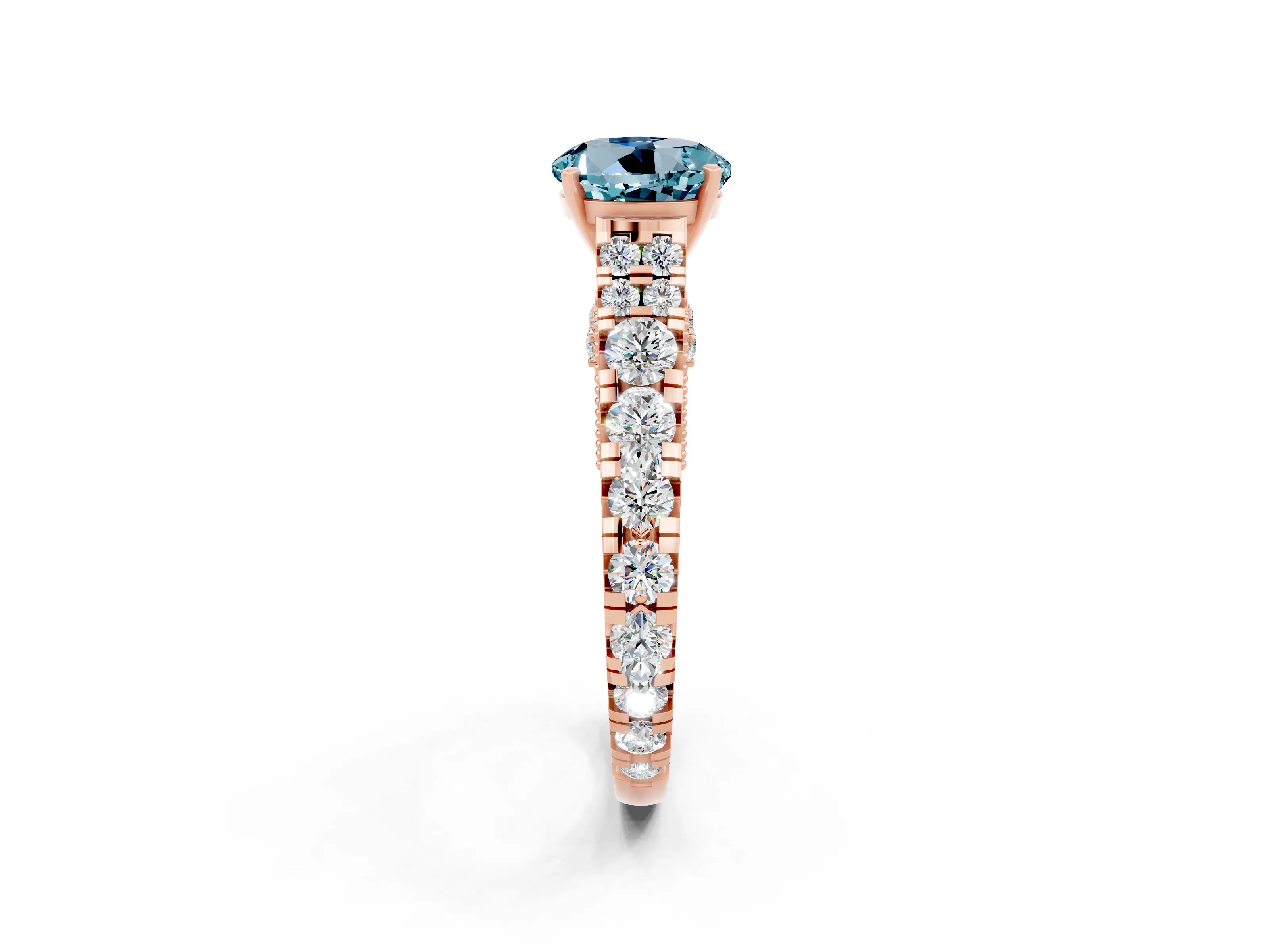 Rose gold Round Cut Aquamarine Classic Solitaire Ring with Pavé Band and Four-Prong Setting_12
