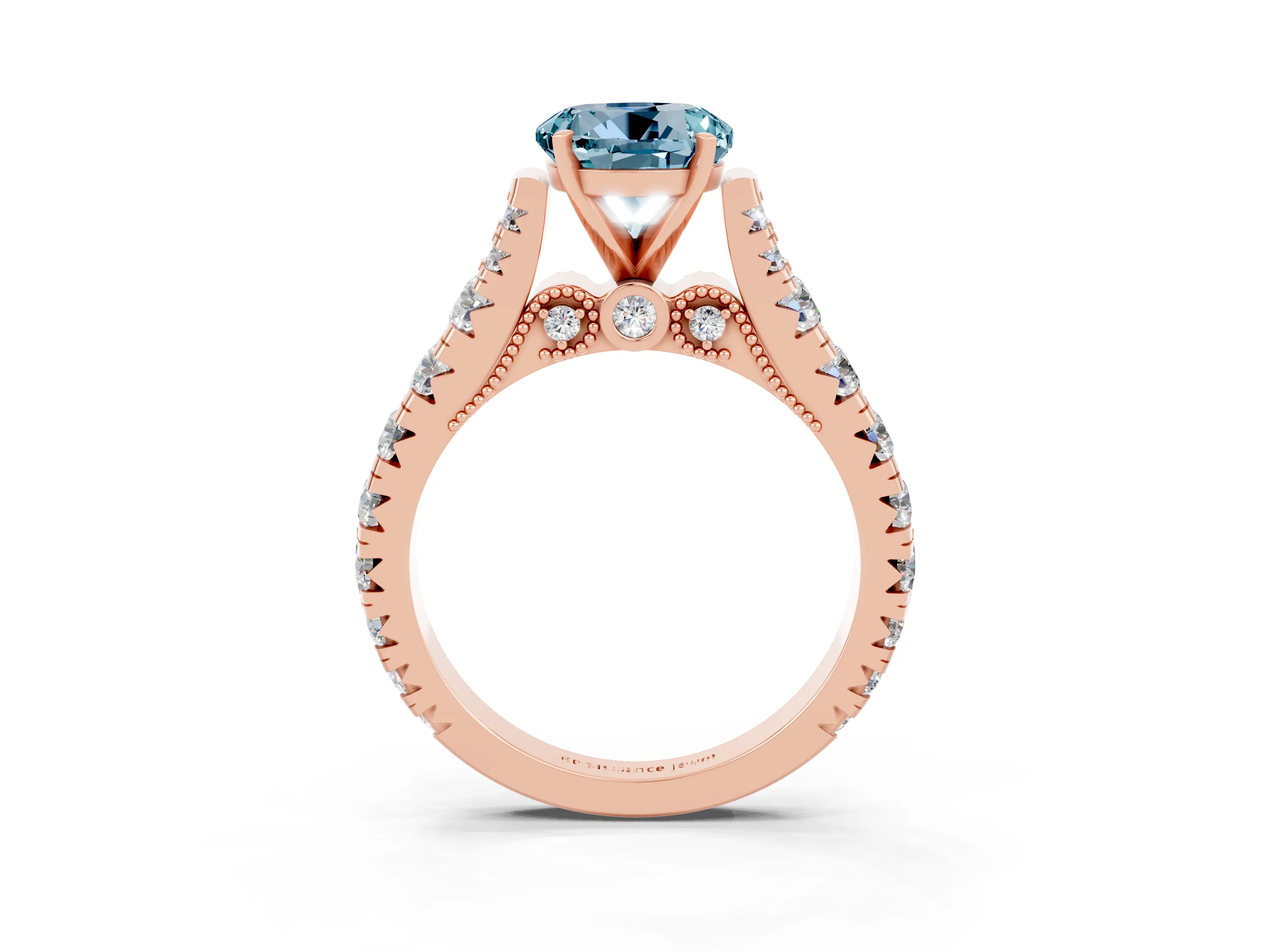 Rose gold Round Cut Aquamarine Classic Solitaire Ring with Pavé Band and Four-Prong Setting_13
