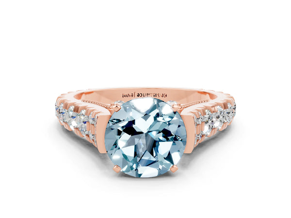 Rose gold Round Cut Aquamarine Classic Solitaire Ring with Pavé Band and Four-Prong Setting