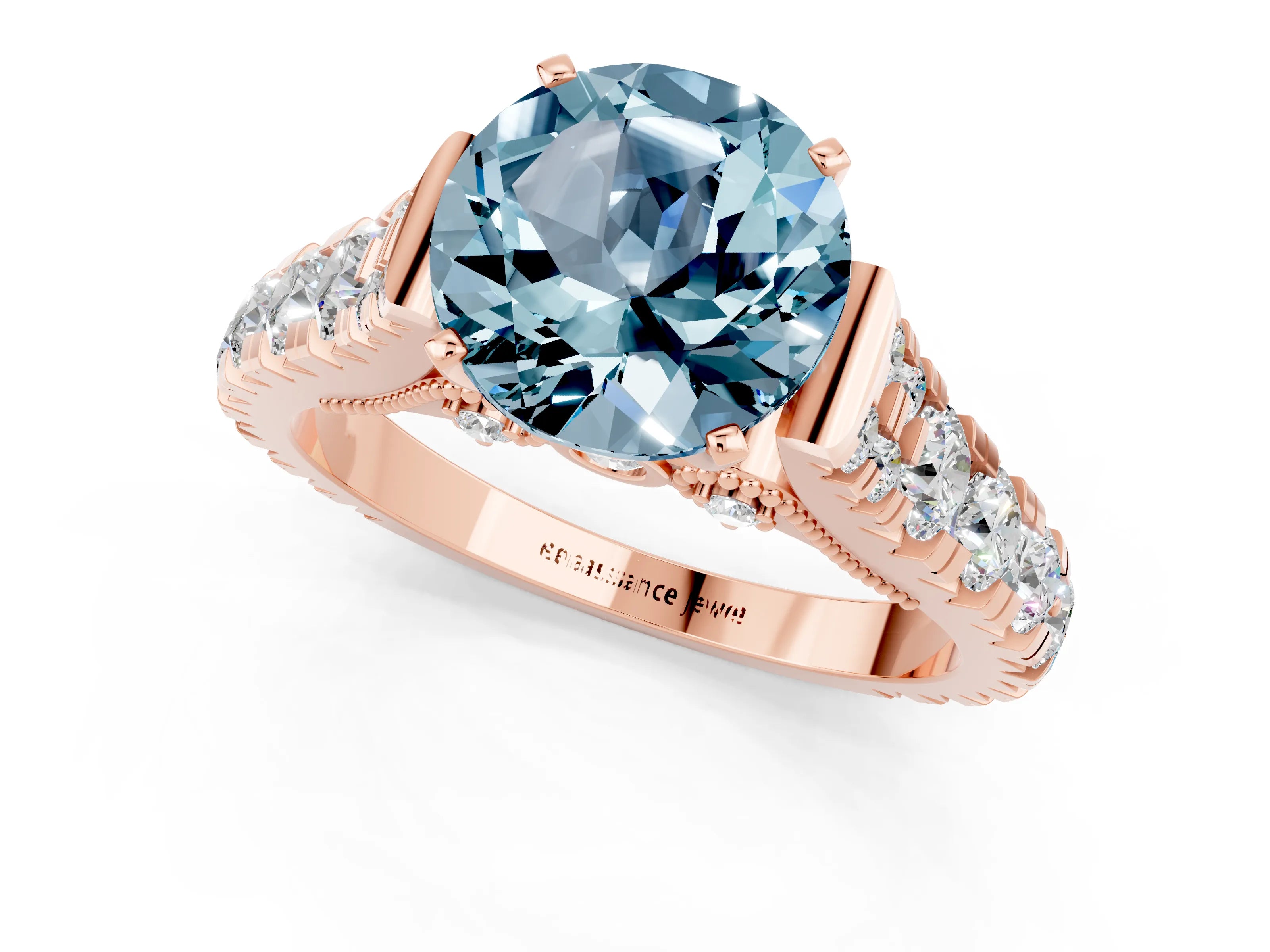 Rose gold Round Cut Aquamarine Classic Solitaire Ring with Pavé Band and Four-Prong Setting_23