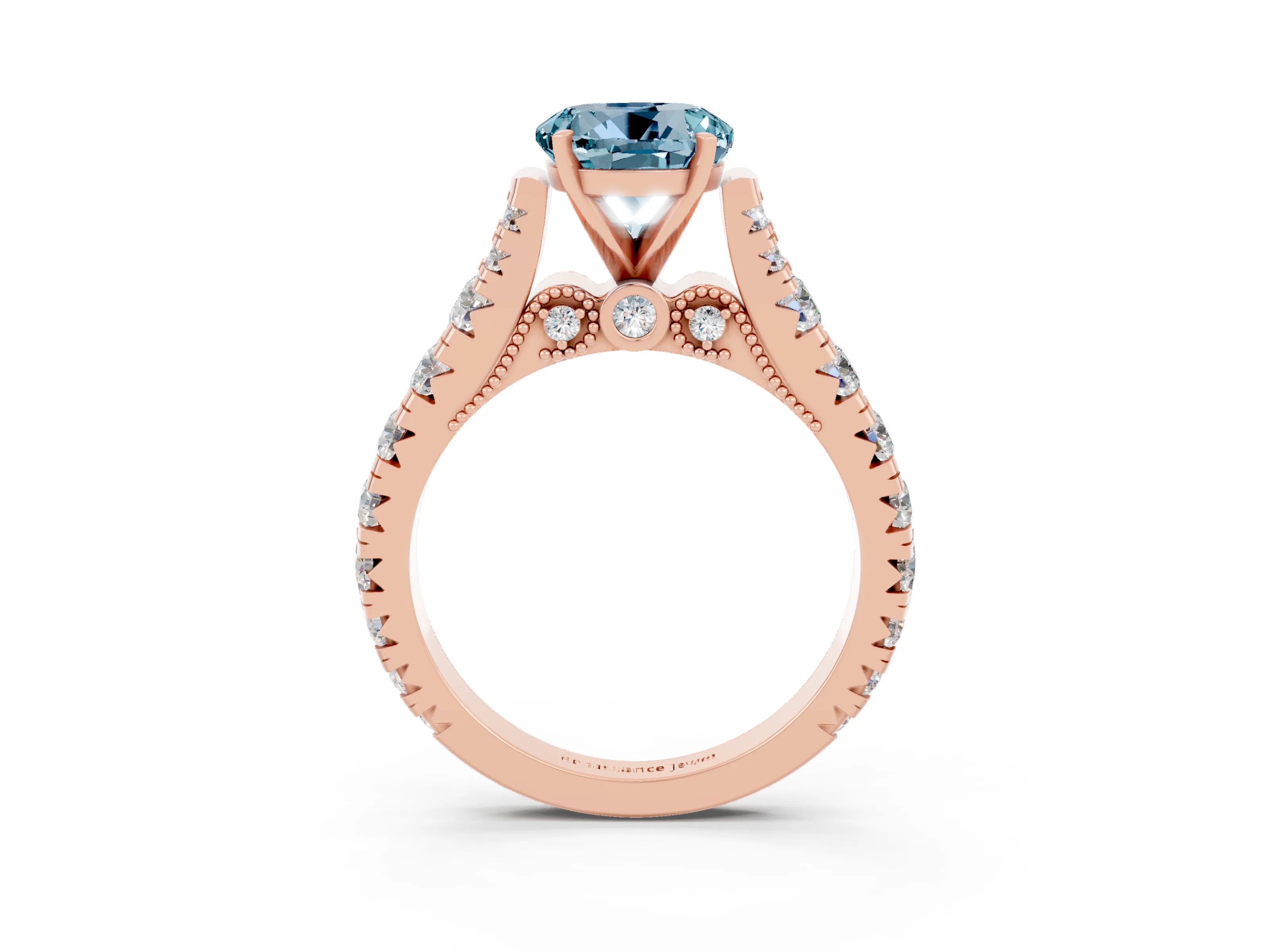 Rose gold Round Cut Aquamarine Classic Solitaire Ring with Pavé Band and Four-Prong Setting_3