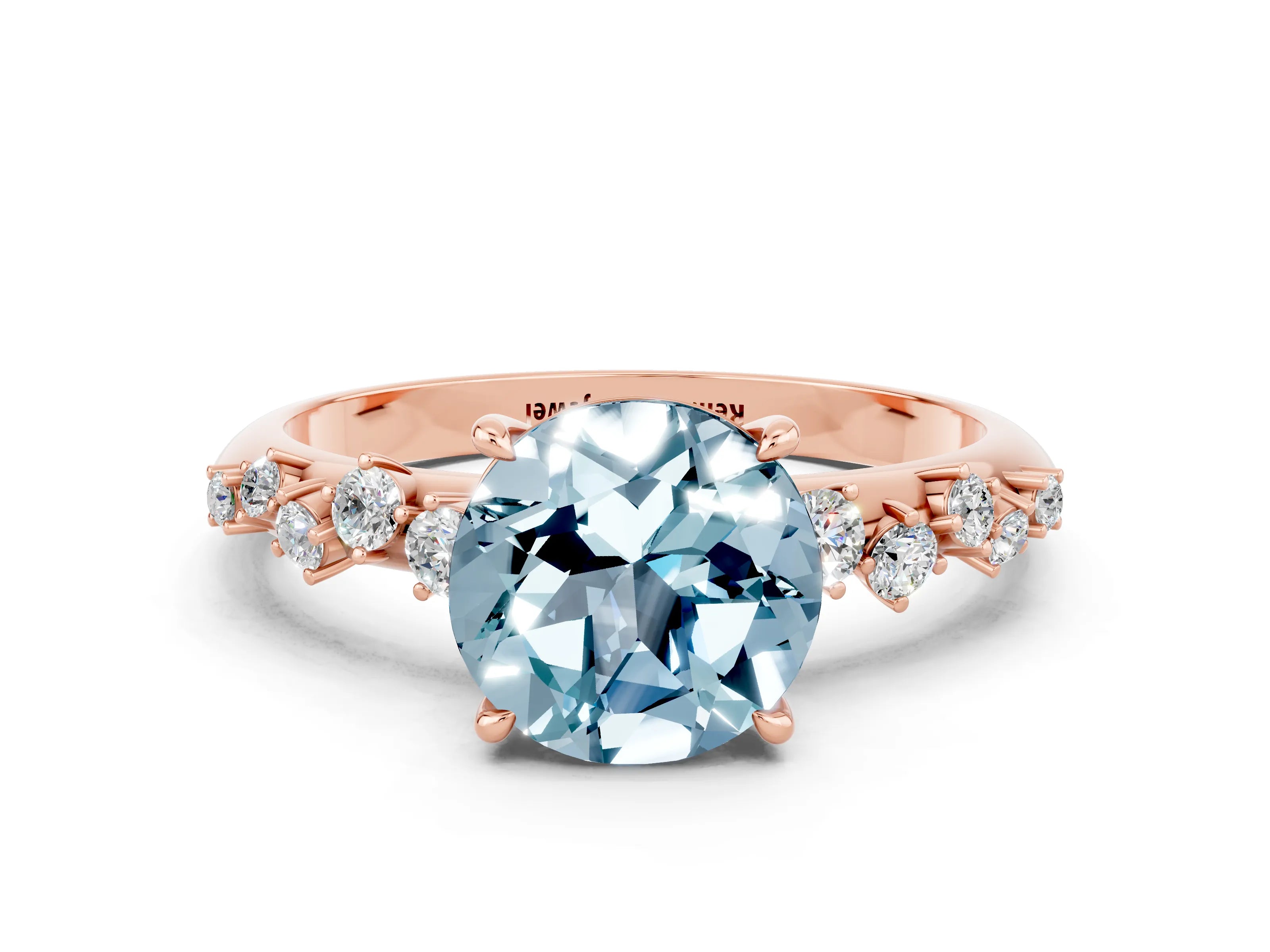 Rose gold Round Cut Aquamarine Cluster Side Stone Solitaire Ring with Prong Setting_24