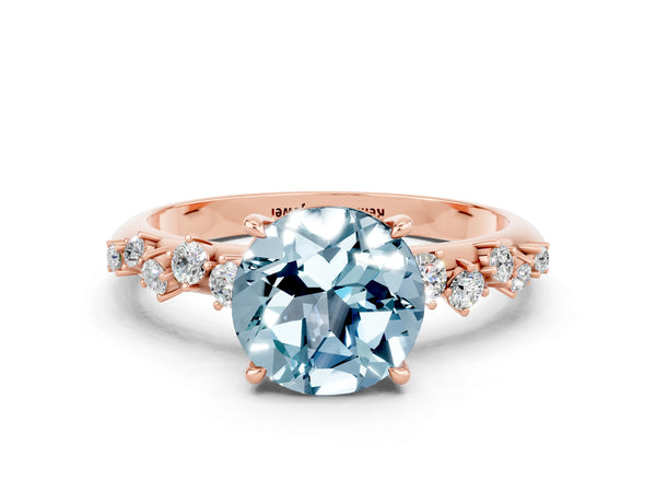Rose gold Round Cut Aquamarine Cluster Side Stone Solitaire Ring with Prong Setting