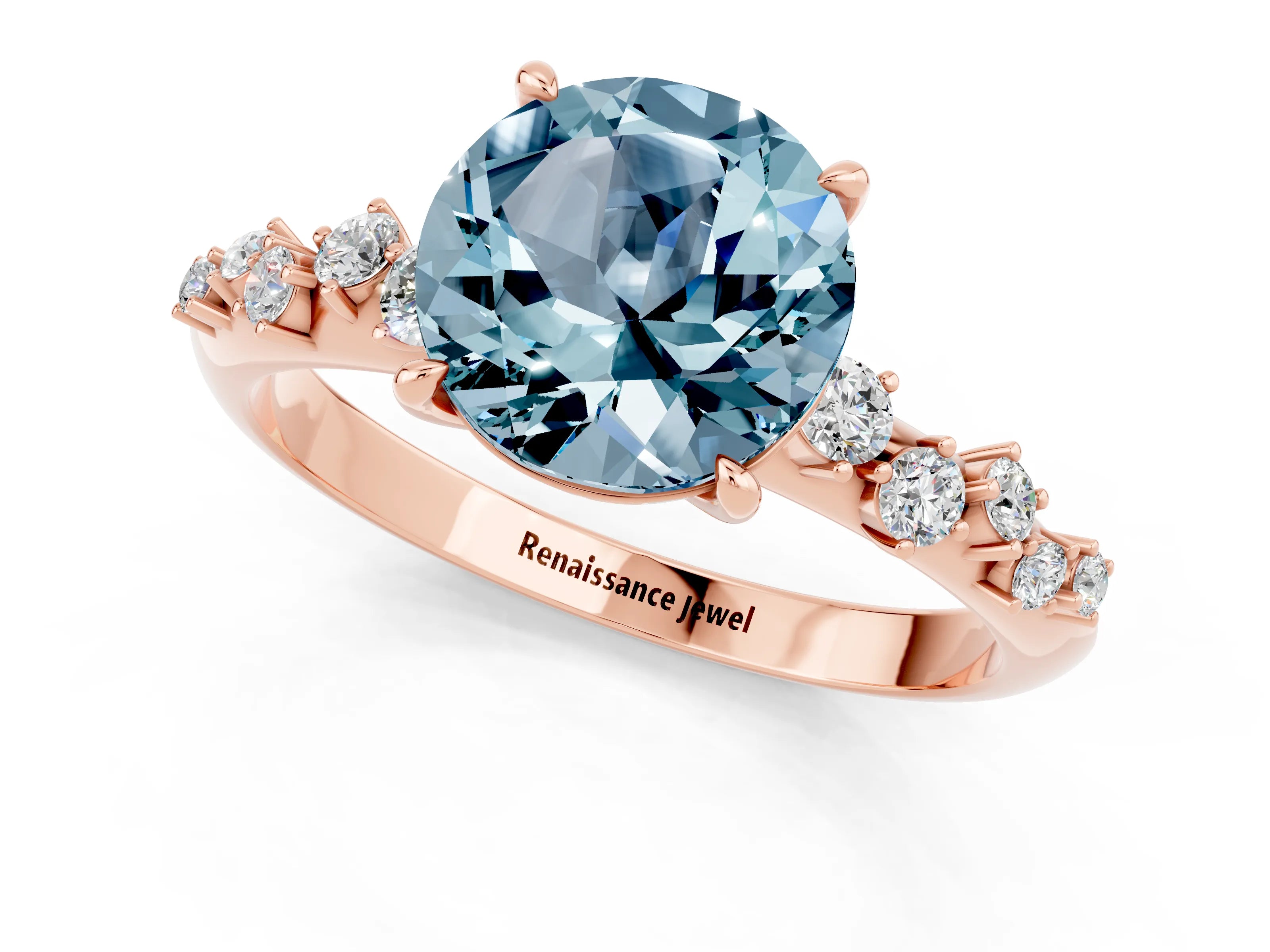 Rose gold Round Cut Aquamarine Cluster Side Stone Solitaire Ring with Prong Setting_25