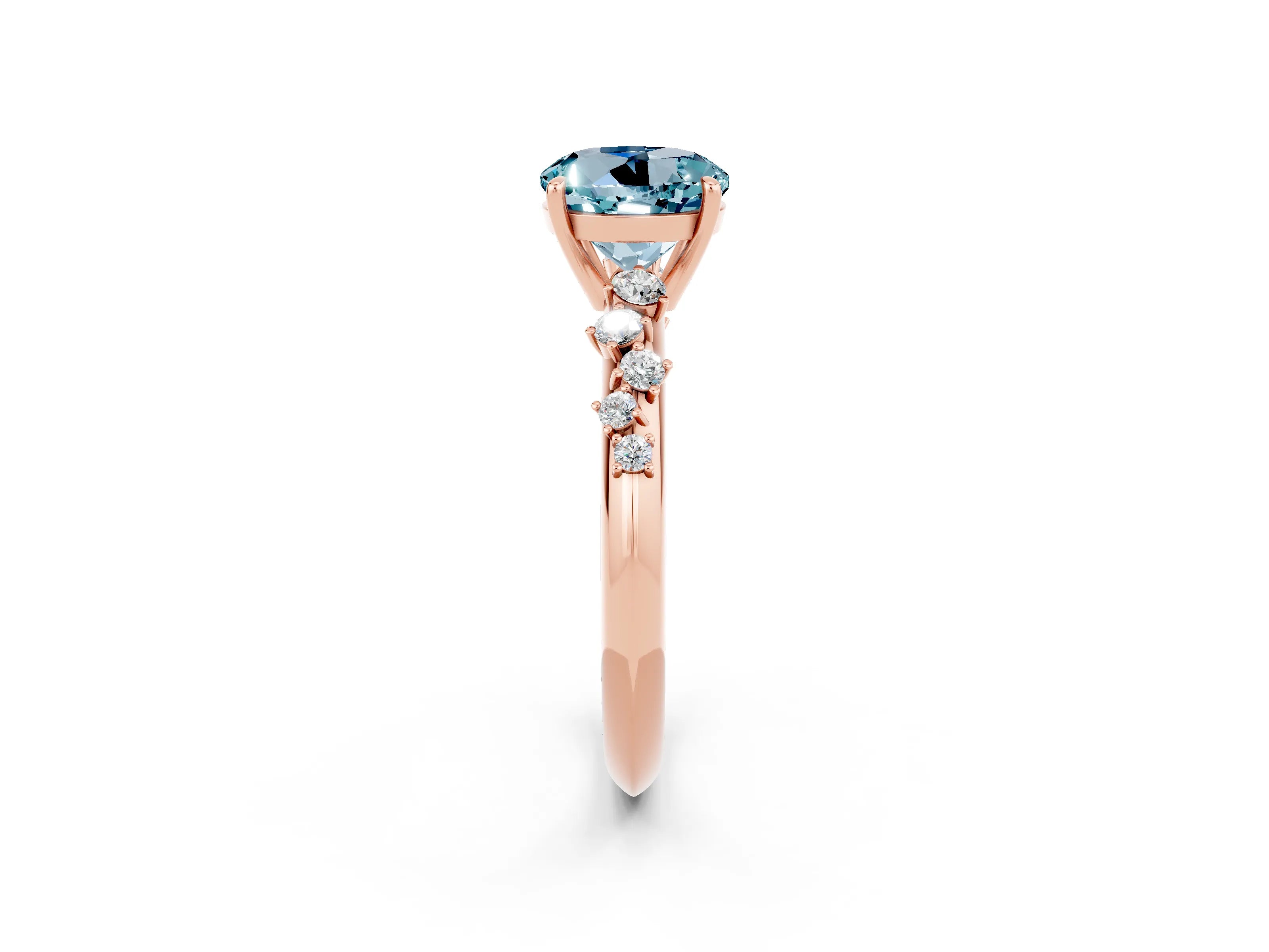 Rose gold Round Cut Aquamarine Cluster Side Stone Solitaire Ring with Prong Setting_26