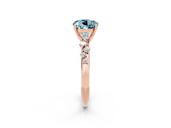 Rose gold Round Cut Aquamarine Cluster Side Stone Solitaire Ring with Prong Setting