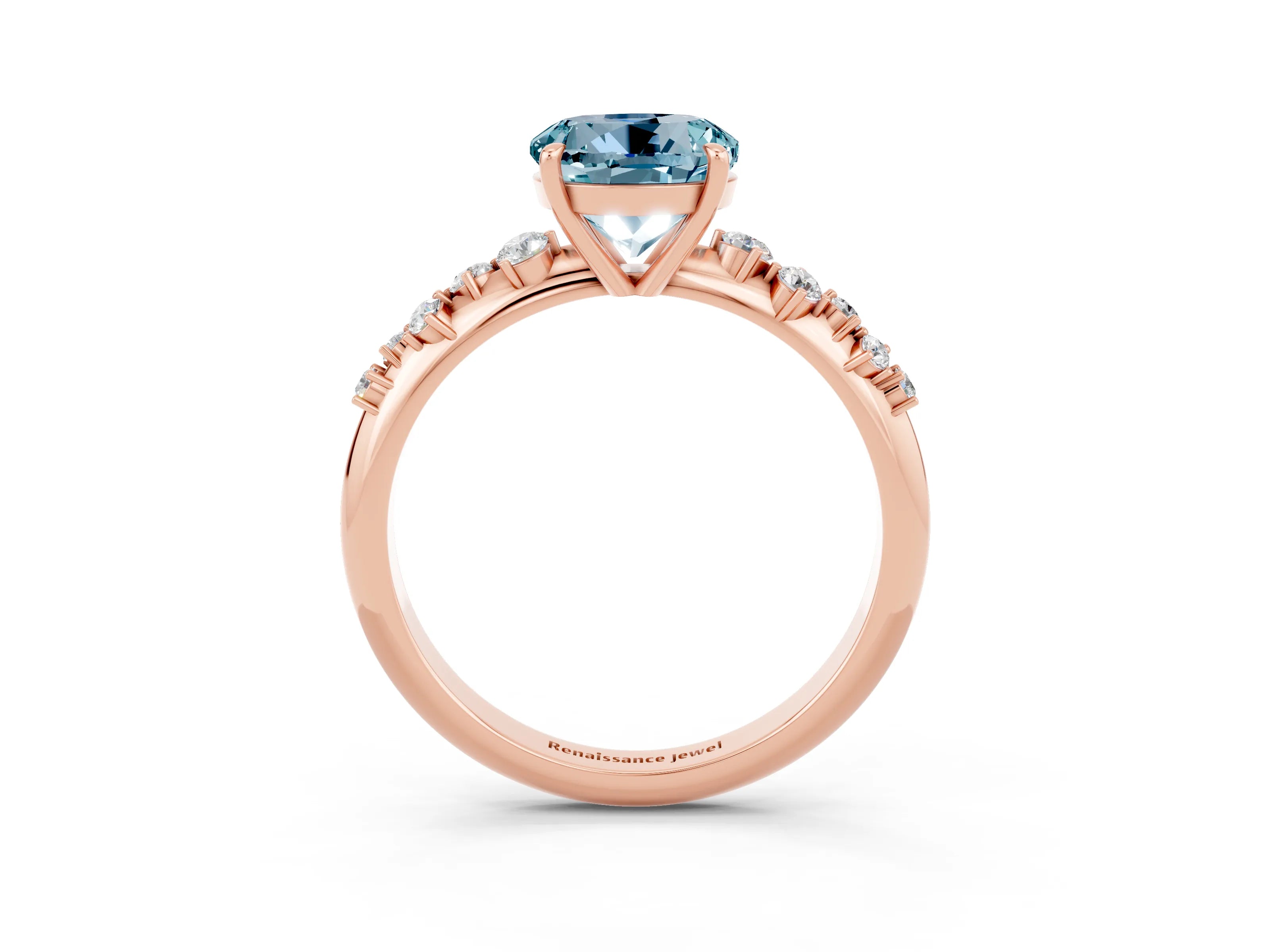 Rose gold Round Cut Aquamarine Cluster Side Stone Solitaire Ring with Prong Setting_27