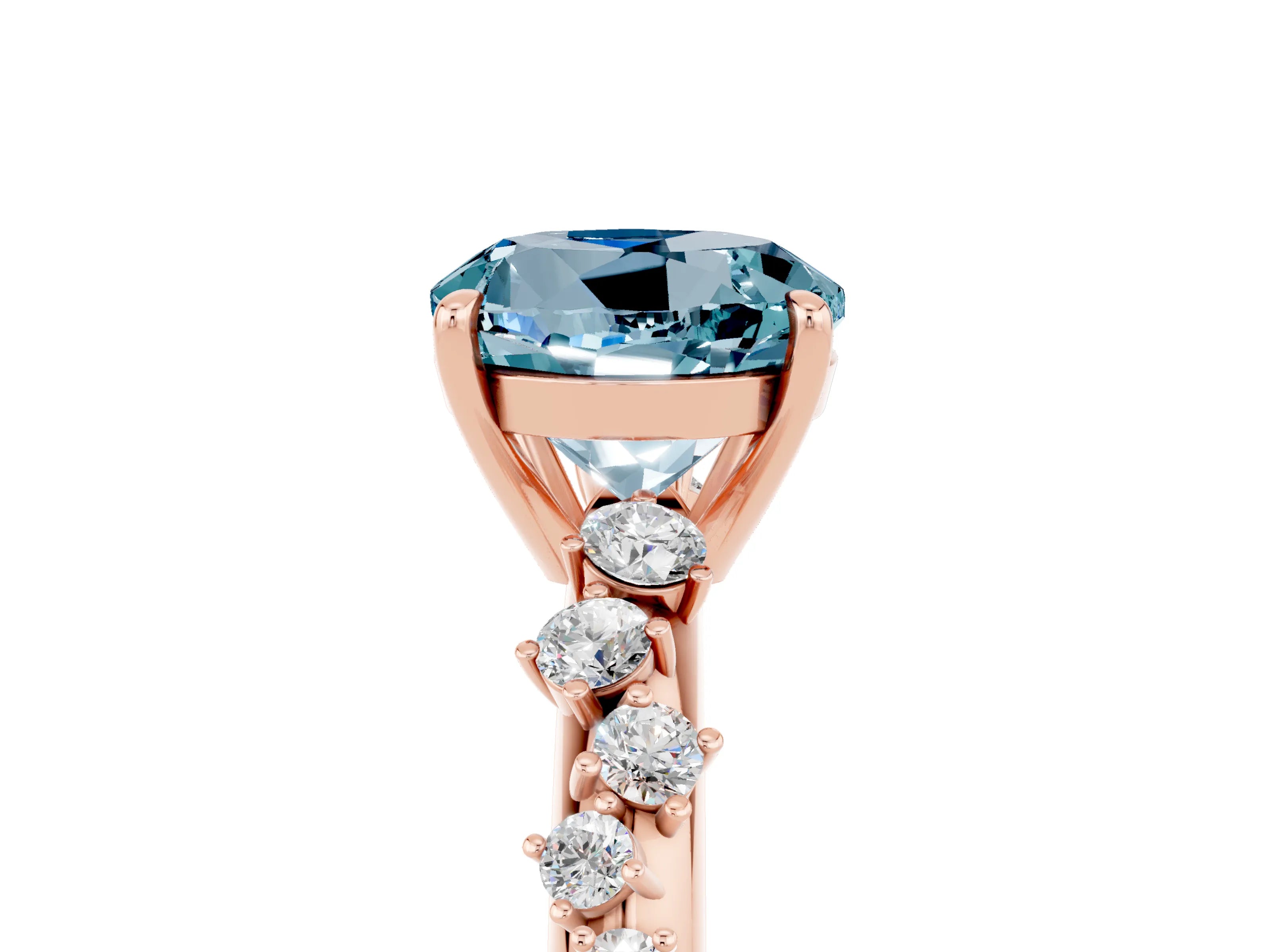Rose gold Round Cut Aquamarine Cluster Side Stone Solitaire Ring with Prong Setting_29