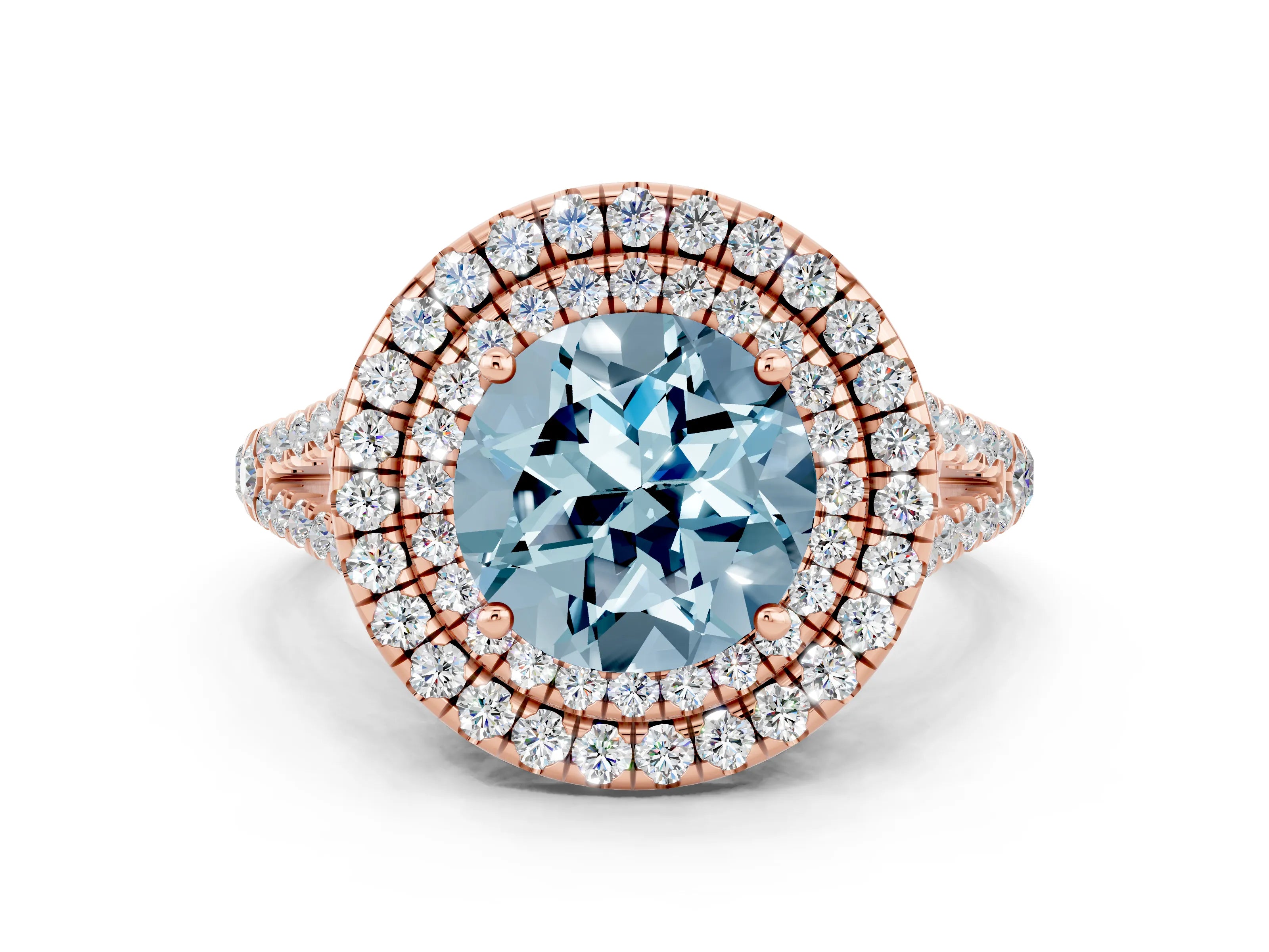 Rose gold Round Cut Aquamarine Double Halo Ring with Pavé Band and Prong Setting_12