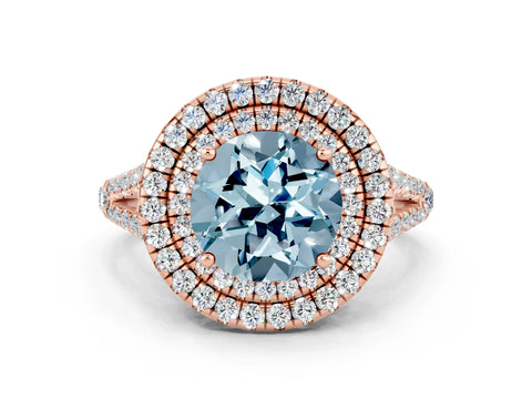 Rose gold Round Cut Aquamarine Double Halo Ring with Pavé Band and Prong Setting_12
