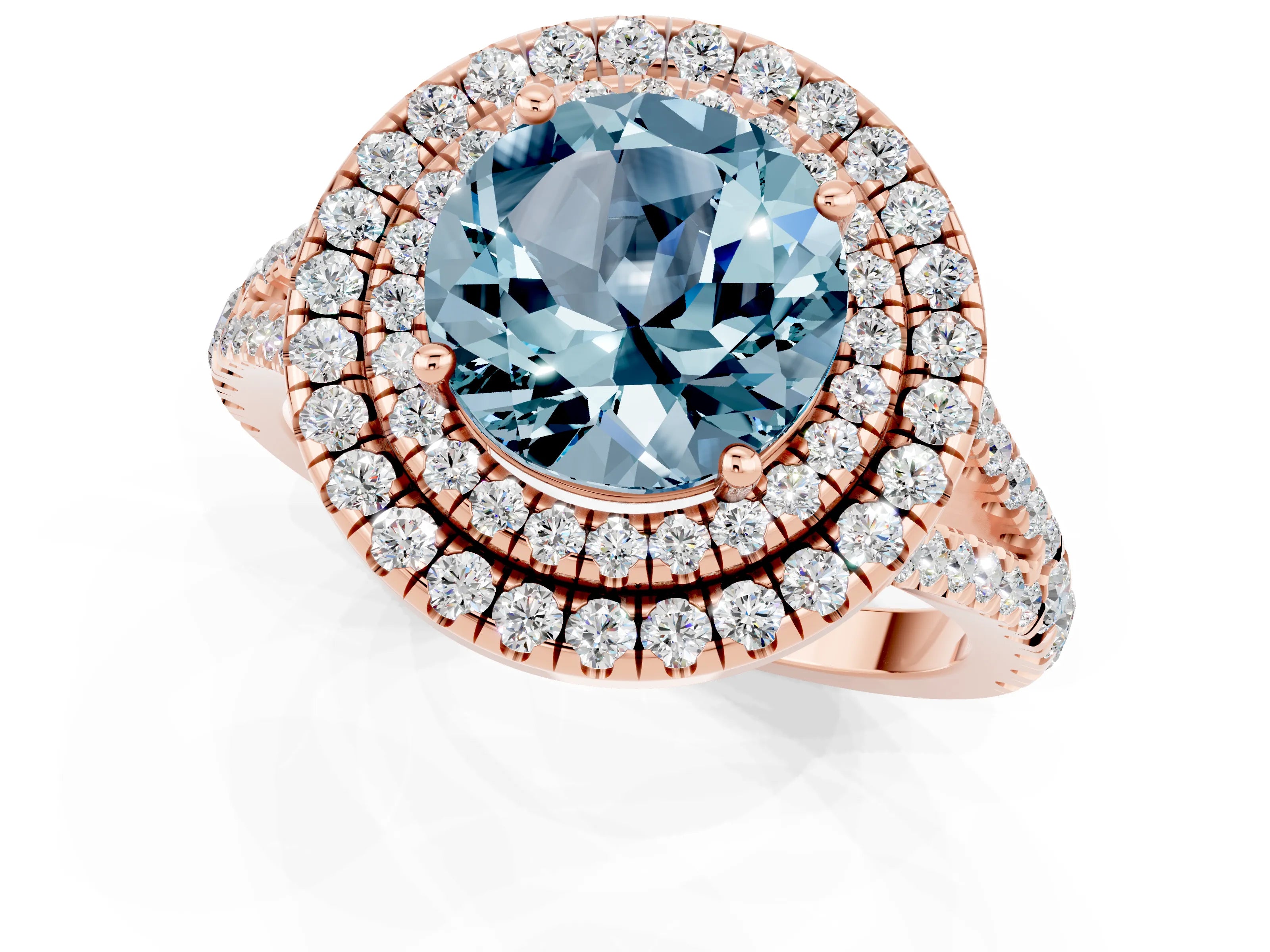 Rose gold Round Cut Aquamarine Double Halo Ring with Pavé Band and Prong Setting_13