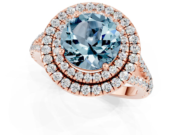 Rose gold Round Cut Aquamarine Double Halo Ring with Pavé Band and Prong Setting