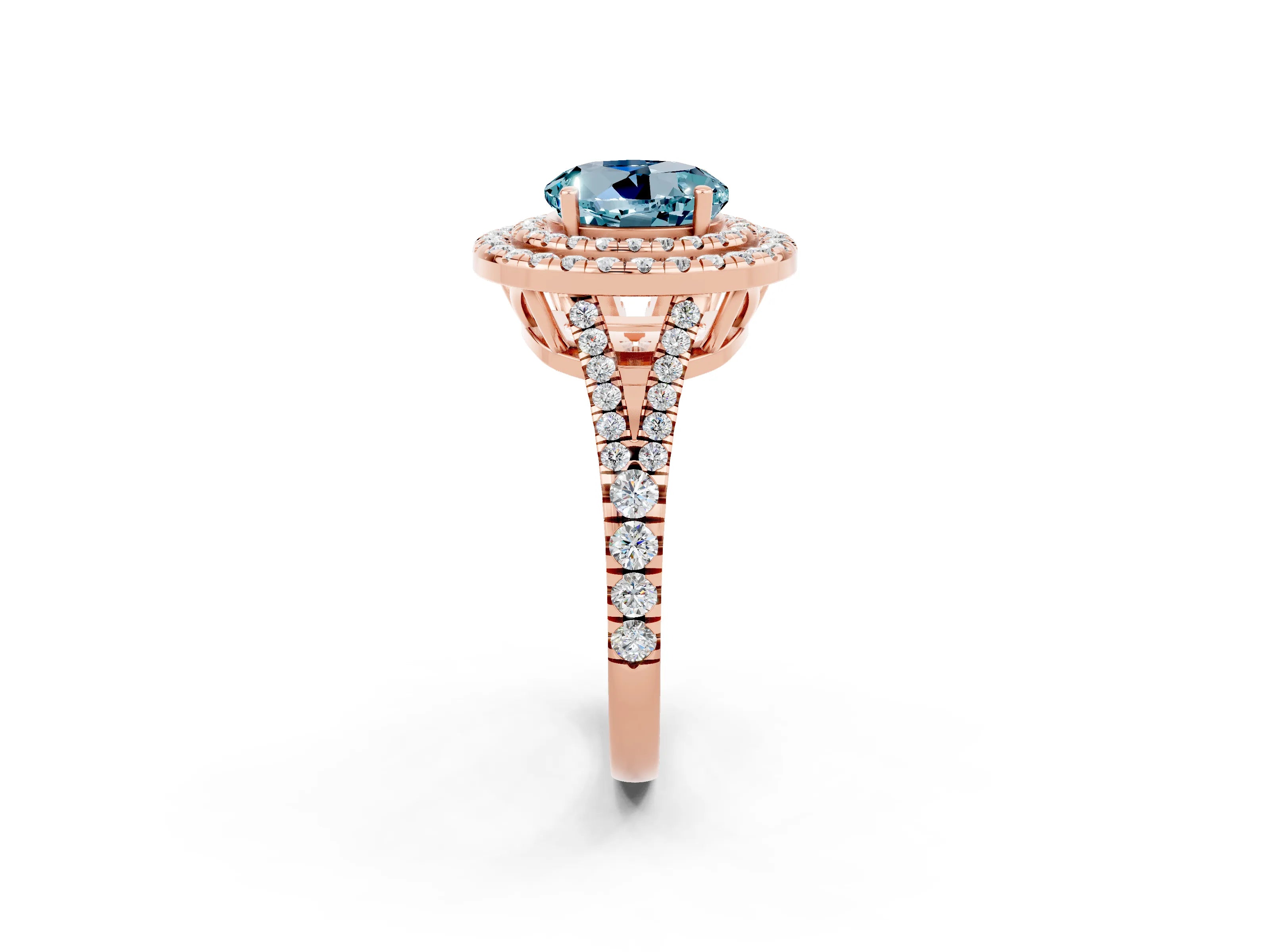 Rose gold Round Cut Aquamarine Double Halo Ring with Pavé Band and Prong Setting_14