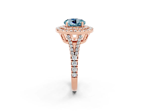Rose gold Round Cut Aquamarine Double Halo Ring with Pavé Band and Prong Setting