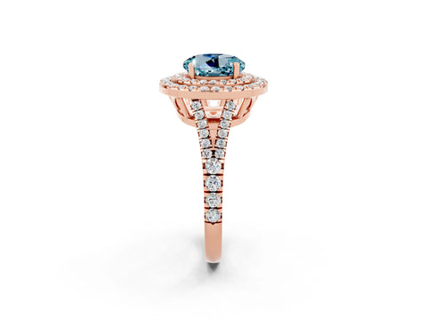 Rose gold Round Cut Aquamarine Double Halo Ring with Pavé Band and Prong Setting_14