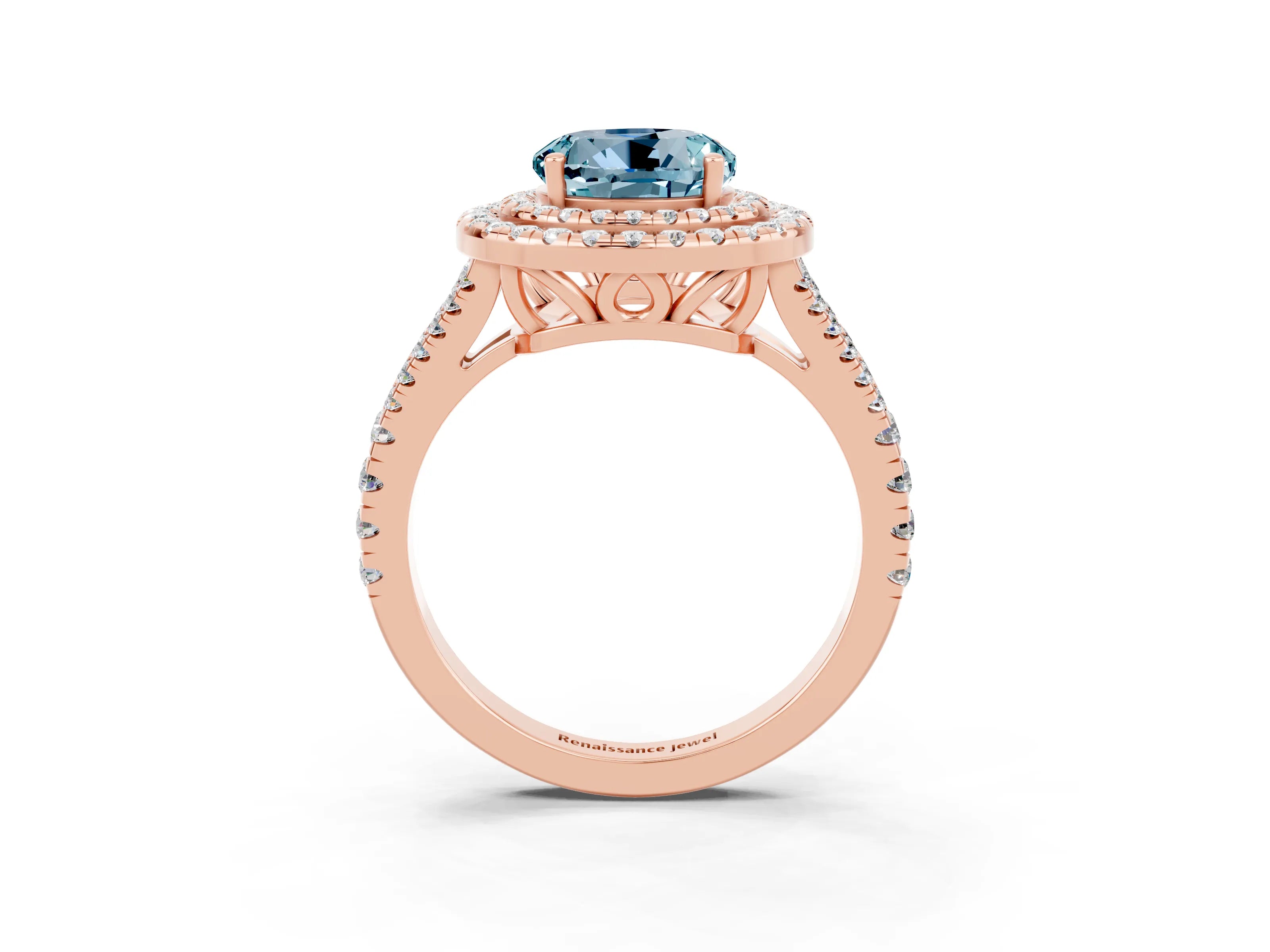 Rose gold Round Cut Aquamarine Double Halo Ring with Pavé Band and Prong Setting_15